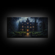 Load image into Gallery viewer, The Haunted House, Spooky Halloween Art, Haunted Victorian Mansion Framed Canvas Print, Horror Prints