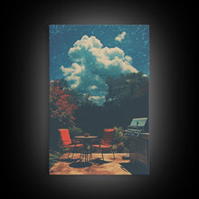 Load image into Gallery viewer, Back Yard Chillin', Summer Vibes, Framed Canvas Print, Retro Midcentury Modern BBQ Art, BBQ During An Eclipse, Liminal Art, Minimalist MCM