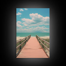 Load image into Gallery viewer, Beach Boardwalk, Vaporwave Summer Vibes, Framed Canvas Print, Retro Midcentury Modern Art, Liminal Art, Minimalist MCM Lakehouse Art