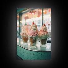 Load image into Gallery viewer, A Strawberry Sunday Kitchen Decor, Ice Cream Art, Framed Canvas Print, Ice Cream Parlor Decor, Icecream Shop Wall Art, MCM Style Decor