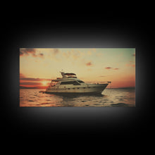 Load image into Gallery viewer, An Abandoned Yacht at Sunset - Framed Canvas Print - Nautical Decor - Vaporwave Art - Liminal Spaces - Urban Decay - Eclectic Wall Art