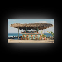 Load image into Gallery viewer, Beachside Tiki Hut Bar and Grill, Framed Canvas Print, Liminal Art, Framed Wall Decor Beach Photography, Surf Art, Surf Print Nautical Decor