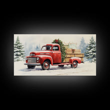 Cargar imagen en el visor de la galería, Christmas Tree Delivery - Retro Farmhouse Christmas Decor - Old Red Truck Delivering Christmas Trees - Framed Canvas Print - Holiday Decor
