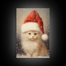Carregar imagem no visualizador da galeria, Cute White Kitten In A Christmas Hat, Farmhouse Christmas, Farmhouse Decor, Framed Canvas Print Seasonal Wall Art Winter Decor Christmas Art