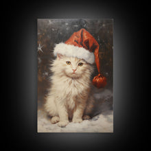 Cargar imagen en el visor de la galería, Christmas Cat In A Christmas Hat, Farmhouse Christmas, Farmhouse Decor, Framed Canvas Print, Seasonal Wall Art, Winter Decor, Christmas Art
