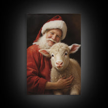 Carregar imagem no visualizador da galeria, Farmhouse Christmas Decor, Santa And A Little Sheep, Framed Canvas Print, Christmas Wall Art, Xmas Art, Christmas Art Print, Santa Decor