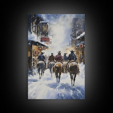 Load image into Gallery viewer, Cowboys Riding Into Town On Christmas, Western Christmas Decor, Framed Canvas Print, Christmas Outdoor Decor, Christmas poster