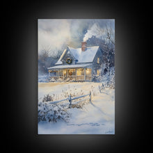 Cargar imagen en el visor de la galería, Christmas Cottage Wall Art, Framed Canvas Print, Winter Wonderland Landscape Print