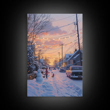 Load image into Gallery viewer, Cozy Neighborhood Christmas Evening with Snowmen and Festive Lights, Perfect for Framed Canvas Print and Holiday Wall Art