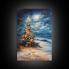 Cargar imagen en el visor de la galería, Christmas Tree On The Beach, Framed Canvas Print, gallery wall, Christmas Poster, Xmas Prints