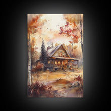 Load image into Gallery viewer, Beautiful Woods Cabin Framed Canvas Print, Extra Large Fall Decor, Mid Century Modern Autumn Wall Art, Modern Christmas