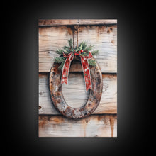 Load image into Gallery viewer, Christmas Horseshoe Framed Canvas Print, Horse Shoe With Mistletoe, Wood Framed Christmas Art, Western Decor, Boho Christmas, Minimalist