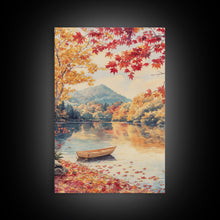 Carregar imagem no visualizador da galeria, Canoe On A Serene Fall Lake, Framed Canvas Print, Autumn Decor, Fall Wall Art, Fall Poster, Autumn Prints Wall Art