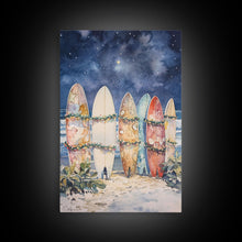 Cargar imagen en el visor de la galería, Christmas Surfboards On A Snowy Beach, Framed Canvas Print, Tropical / Nautical Christmas Art or Gift Idea, Christmas Poster