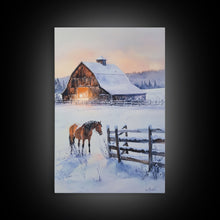 Load image into Gallery viewer, Christmas On The Farm, Winter Wall Art Framed Canvas Print, Gift Idea, Seasonal Decor, Barn Painting, Farmhouse Art