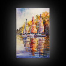 Load image into Gallery viewer, Colorful Sailboats Reflected On Water Framed Canvas Print Fall Nautical Wall Art Coastal Decor Best Gift Idea Holiday Wall Art