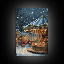 Load image into Gallery viewer, Christmas Carousel at a Snowy Night Market with Festive Lights and Ornaments, Framed Canvas Print for Christmas Wall Decor