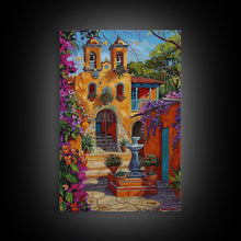 Cargar imagen en el visor de la galería, Bright Mexican Style Tall Art Framed Canvas Print Depicting Ornate Blue Door And Rustic Courtyard