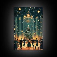 Load image into Gallery viewer, Elegant Ballroom Christmas Dance Scene with Holiday Lights and Decorations, Perfect Holiday Decor for Winter Wonderland, Framed Canvas Print