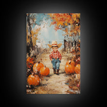 Carregar imagem no visualizador da galeria, Autumn Cowboy Decor Canvas Print with Pumpkins, Fall Holiday Wall Art and Seasonal Gift Idea 2024