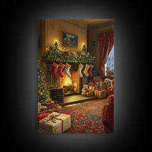 Load image into Gallery viewer, Cozy Christmas Mantle Decor Framed Canvas Print With Stockings Hanging And Presents By The Fire, Seasonal Holiday Wall Art Farmhouse Style