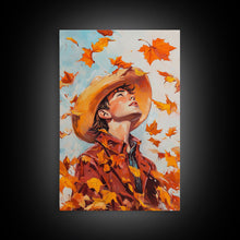Load image into Gallery viewer, Cowboy Fall Decor Canvas Print with Windblown Leaves, Rustic Farmhouse Autumn Holiday Wall Art Seasonal Gift Idea 2024