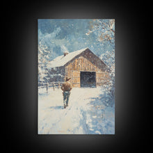 Load image into Gallery viewer, Cowboy Walking in Snow Scene Framed Canvas Print - Moody Landscape Art for Winter Home Decor 2024 Rustic Winter Wall Art