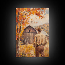 Carregar imagem no visualizador da galeria, Autumn Cowboy Barn Framed Canvas Print - Fall Harvest Country Wall Art Best Gift Idea 2024 Rustic Farmhouse Decor