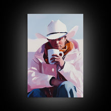 Load image into Gallery viewer, Cowboy with Mug in Snow Framed Canvas Print - Winter Country Scene Art Best 2024 Christmas Wall Decor Gift Idea