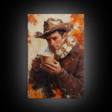 Load image into Gallery viewer, Cowboy with Coffee Mug in Autumn Framed Canvas Print - Fall Country Wall Art 2024 Rustic Home Decor and Gift Idea