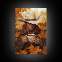 Load image into Gallery viewer, Cowboy Holding Hot Drink Framed Canvas Print - Moody Winter Landscape Art Perfect 2024 Christmas Wall Decor