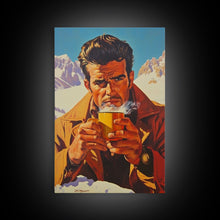 Load image into Gallery viewer, Cowboy Drinking Coffee in Winter Cabin Framed Canvas Print - Cozy Christmas Wall Art 2024 Rustic Holiday Decor