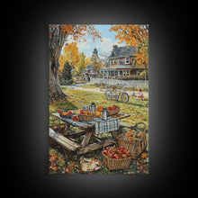 Carregar imagem no visualizador da galeria, Autumn Picnic Outdoors Tall Art Framed Canvas Print With Basket Of Apples, Fall Scene Wall Art, Country Farmhouse Decor For Kitchen