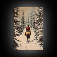 Load image into Gallery viewer, Cowboy on Horseback in Golden Autumn Trees Framed Canvas Print Rustic Christmas Wall Art Fall Decor Country Christmas Gift Seasonal Wall Art