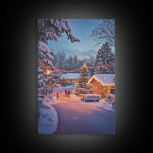 Cargar imagen en el visor de la galería, Classic Winter Christmas Neighborhood Framed Canvas Print Tall Art With Lights And Christmas Tree, Holiday Wall Art Home Decor