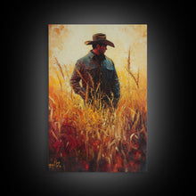 Load image into Gallery viewer, Cowboy in Golden Wheat Field Canvas Print, Western Landscape Art Gift, Seasonal Decor, Modern, Perfect Holiday Gift, Framed Canvas Print