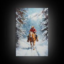 Load image into Gallery viewer, Cowboy Walking Through Snowy Winter Forest Canvas Print, Western Christmas Art Gift, Holiday Wall Decor, Rustic Art, Framed Canvas Print