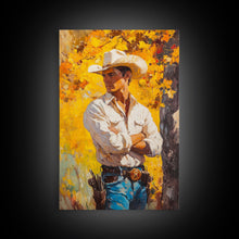 Load image into Gallery viewer, Cowboy with Autumn Foliage Canvas Print, Vibrant Fall Decor, Perfect Fall Wall Art, Seasonal Home Decor, Western Art, Framed Canvas Print
