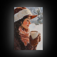 Carregar imagem no visualizador da galeria, Framed canvas print of a peaceful winter scene with a woman a hot chocolate perfect for holiday gift idea or rustic Christmas wall art decor