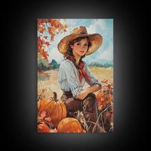 Load image into Gallery viewer, Country fall harvest framed canvas print pumpkins and a serene autumn landscape perfect seasonal wall art for rustic farmhouse home decor