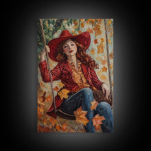 Carregar imagem no visualizador da galeria, Fall Cowgirl Enjoying Her Swing, Framed Canvas Print, Autumn Decor, Cute Wall Art Gift Idea