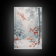 Carregar imagem no visualizador da galeria, Canvas Print of Winter Wonderland with Red Leaves in Snow, Winter Wall Art, Best Gift Idea, Moody Landscape, Christmas Home Decor