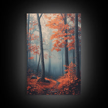 Carregar imagem no visualizador da galeria, Framed Canvas Print of Misty Autumn Forest with Vibrant Red Leaves, Seasonal Wall Art, Modern Farmhouse, Gift Idea, Fall Landscape Art