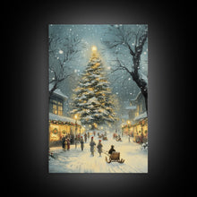 Cargar imagen en el visor de la galería, Christmas Tree Village Snowy Winter Scene Framed Canvas Print Christmas Wall Art Christmas Decor Christmas Tree Art Holiday Gift Winter Art