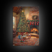 Cargar imagen en el visor de la galería, Children By Fireplace And Christmas Tree Framed Canvas Print Cozy Holiday Home Decor With Warm Fire And Festive Decorations Christmas Art