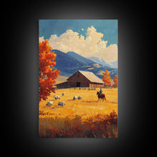 Load image into Gallery viewer, Cowboy Herding Cattle Framed Canvas Print Rustic Autumn Landscape With Barn And Vibrant Fall Colors Perfect Country Christmas Decor Art