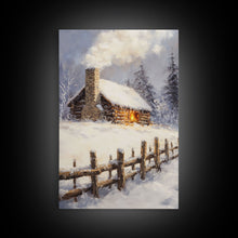 Load image into Gallery viewer, Rustic Cabin In Snow Framed Canvas Print Wall Art Christmas Home Decor, Winter Landscape Art, Cozy Winter Cabin Scene