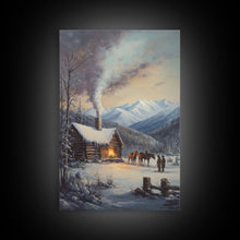 Load image into Gallery viewer, Mountain Cabin In Snow With Horses Framed Canvas Print Wall Art Rustic Winter Decor, Country Christmas Art, Winter Wonderland Scene