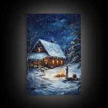 Load image into Gallery viewer, Cowboy Christmas by the Fire Framed Canvas Print, Western Holiday Decor with Snowy Cabin, Cozy Art Perfect for Rustic Christmas Winter Decor