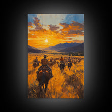 Load image into Gallery viewer, Cowboy Riders at Dusk Framed Canvas Print, Warm Sunset Western Scene with Riders on the Plains, Fall Decor Ranch Homes and Country Wall Art